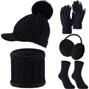 5 Pieces Women Winter Warm Set Knit Beanie Hat Scarf Touchscreen Gloves